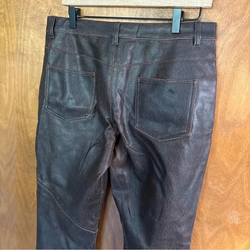 VINTAGE Chocolate Brown Patchwork Low Rise Faux Leather Flare Pants Y2K Goth 90s - Picture 6 of 16